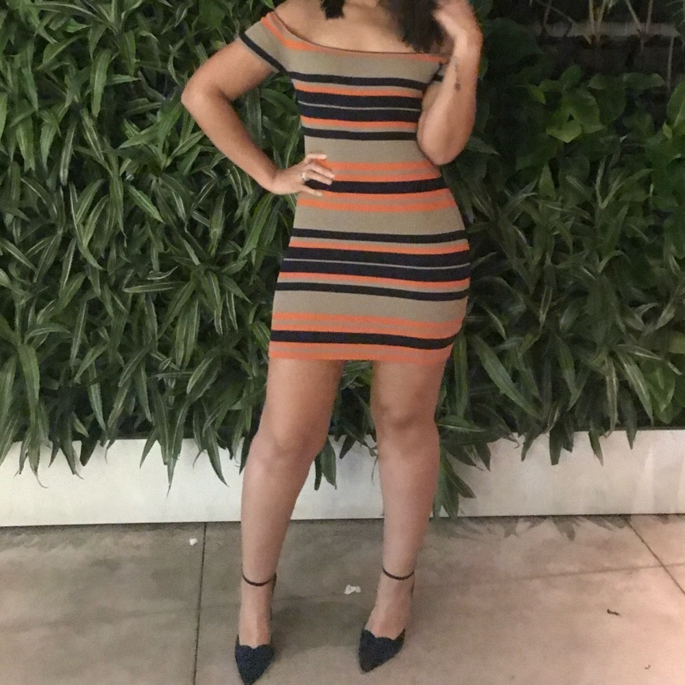 Windsor Off Shoulder Striped Stretch Mini Dress - Orange, blue, tan